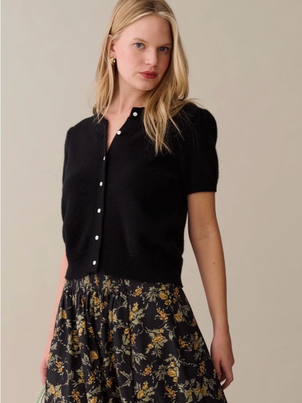 Edie Cashmere Short-Sleeve Black Button-Front Cardigan Sweater - Picture 3 of 3